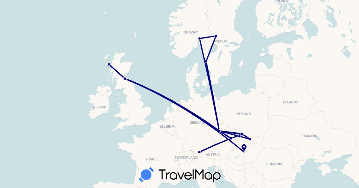 TravelMap itinerary: driving in Austria, Czech Republic, United Kingdom, Hungary, Norway, Sweden, Slovakia (Europe)